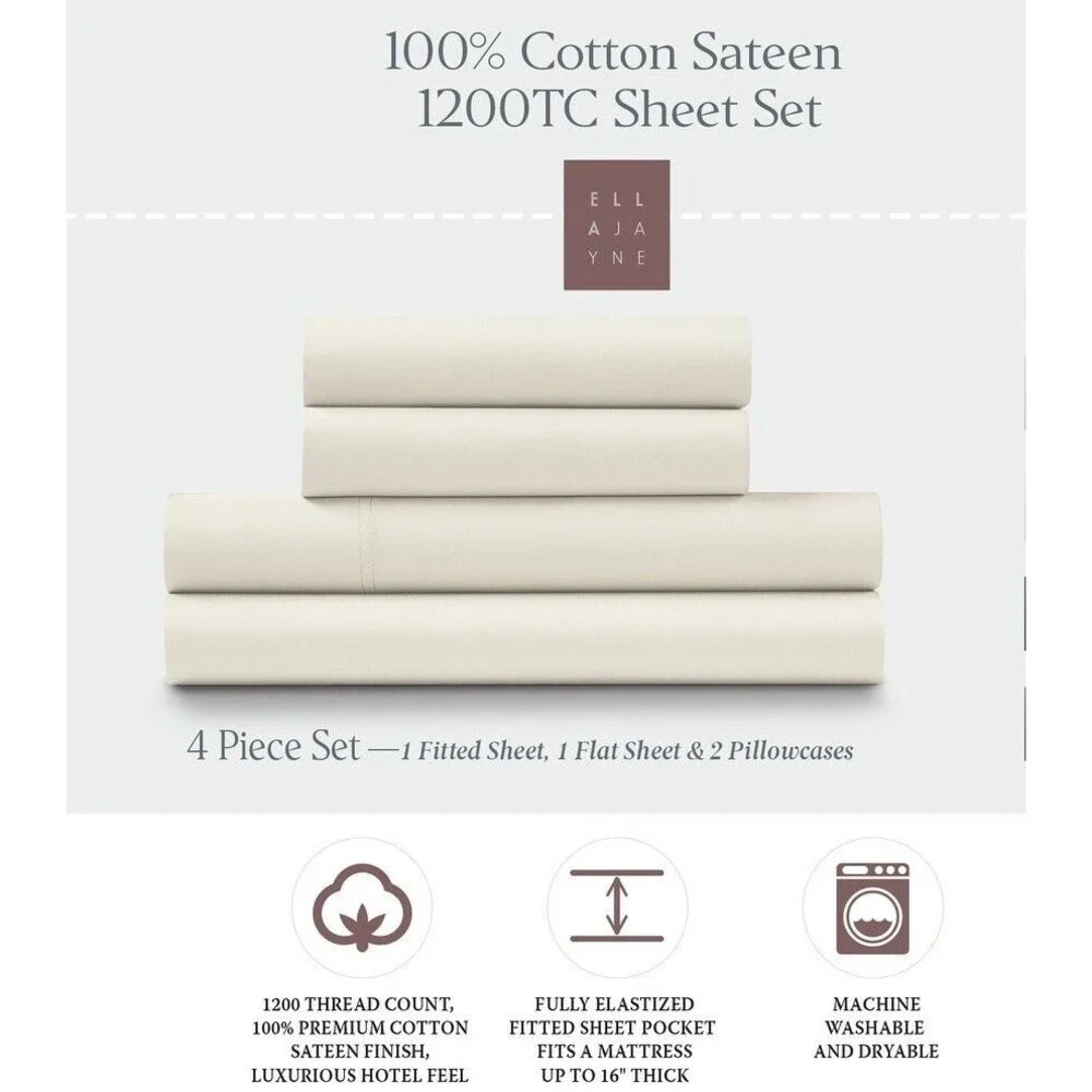 Ella Jayne 4PC King 1200 Thread Count 100% Cotton Sateen Ivory Sheet Set